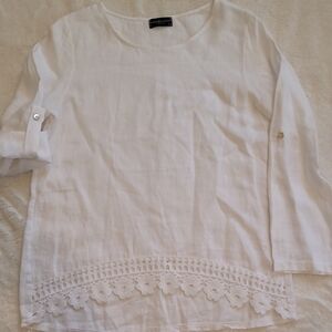 Linen White Blouse with Floral Hem Made In Italy